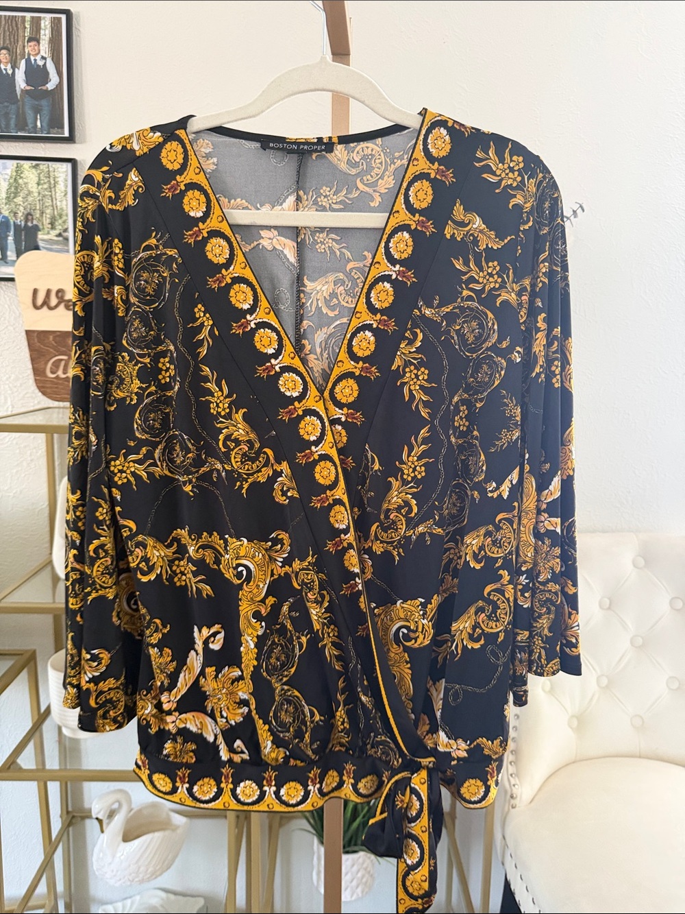 Boston Proper Black and Gold Baroque Wrap Blouse